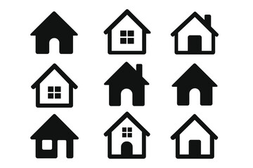 House icons set. Home icon collection. Vector illustration. Simple real estate graphic signs. Building symbols for web design, app ui. Property silhouette. Homepage button.