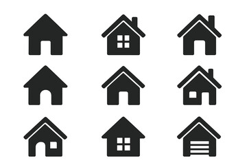House icons set. Home silhouette pictogram collection. Simple real estate property symbols. Building shape for website button. Housing and mortgage graphic elements. Residential vector.