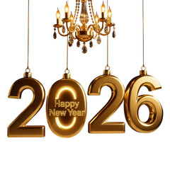 Elegant golden 2026 Happy New Year background with chandelier and luxury festive decoration