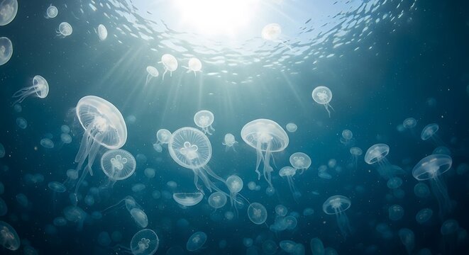 Underwater view of a large school of transparent jellyfish pulsating in the clear blue ocean water