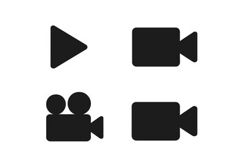 Play video symbol and video camera icon set, vector illustration, transparent background, ordered black silhouette icons, media control, film recording concept