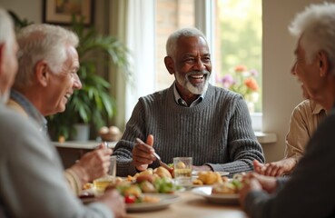 Senior citizens enjoying a meal in a nursing home. Elderly men and women eating together. A diverse group shares a friendly conversation during lunch. They appear happy.