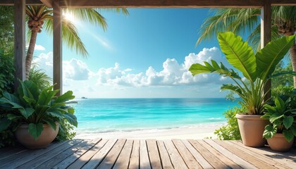 Tropical beach view from wooden deck. Bright blue ocean, white sand shore. Palm trees frame sunny sky, calm turquoise water. Rich green potted plants decorate relaxing veranda space. Small boat