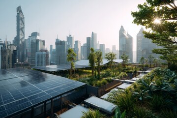Rooftop garden with solar panels integrated into a city skyline in bright daylight.