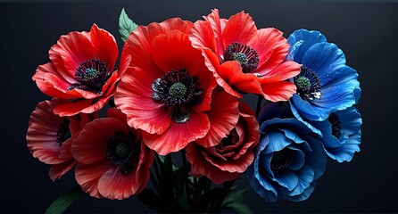 A stunning artistic arrangement of vibrant red and blue poppy-like flowers with dark centers, creating a captivating visual display.