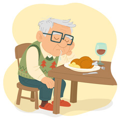 Funny Grandpa Falling Asleep after Christmas Dinner Cartoon Illustration