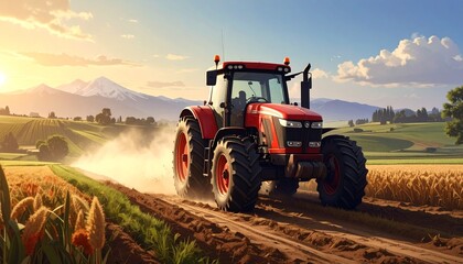 Fototapeta premium Render a red tractor driving through a cultivated green field at golden hour, kicking up dust with long shadows and warm light, to emphasize agricultural power, seasonal rhythm, and rural technology.