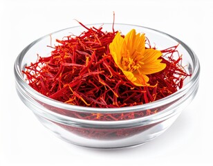 Fototapeta premium Vibrant red saffron threads are artfully arranged within a clear glass bowl, featuring a single delicate yellow bloom on top against a bright white setting.