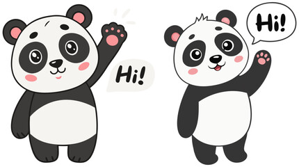 Cute cartoon panda characters waving and saying hi friendly animal illustration