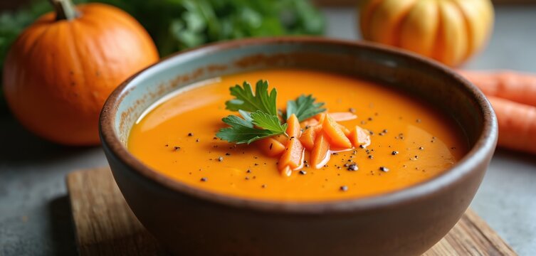 Warm orange sweet potato carrot soup steaming in bowl. Garnished with parsley and diced carrots. Comforting autumn meal preparation with whole pumpkin nearby.