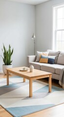 Fototapeta premium Modern and minimalist living room interior with light wood coffee table, beige sofa, geometric area rug, and snake plant, bathed in natural light.
