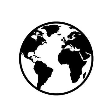 Earth globe icon black and white illustration of the world.