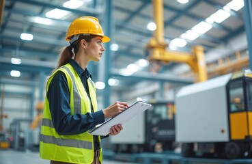 Female engineer in hard hat and safety vest checks tablet computer on factory floor. Woman supervises modern machinery and production line process in industrial plant.