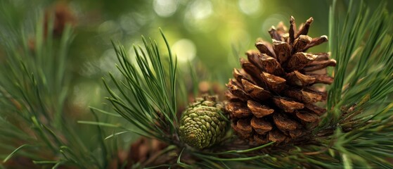 Fototapeta premium The Pine Cone Resting on Needles with Soft Bokeh and Sunlit Green Background