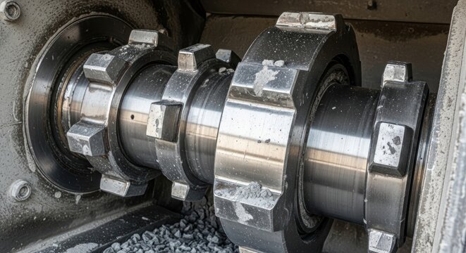 Close-up of industrial crushing machine components: heavy-duty metal shaft with robust gears and accumulating crushed aggregate material, highlighting wear and tear in an industrial setting.