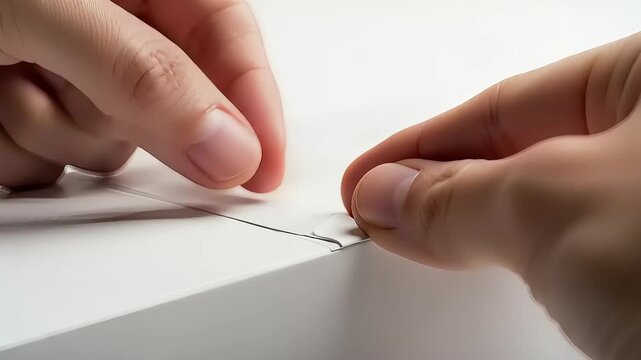 Close-up of hands peeling off a white sticker from a surface.