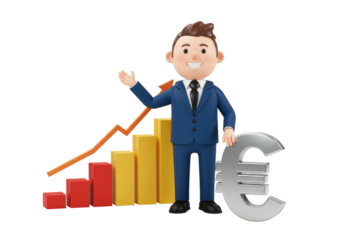 Isolated cartoon businessman with growth chart and Euro symbol represents financial success