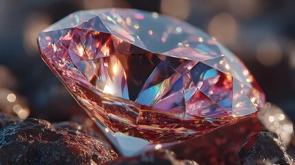 The exquisitely cut diamond, exhibiting mesmerizing light dispersion and vibrant color gradients, rests on a textural surface, sparkling with radiant reflections.