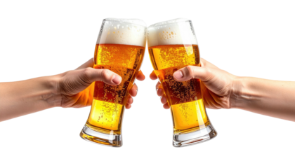 Two hands clinking glasses of golden beer in a celebratory toast for friendship and refreshment.