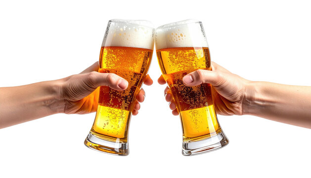 Two hands clinking glasses of golden beer in a celebratory toast for friendship and refreshment.