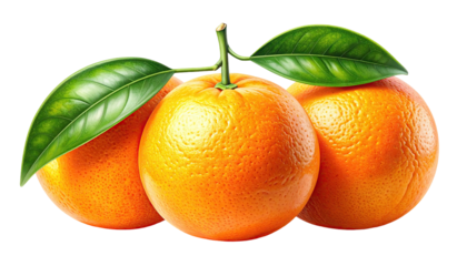 Three fresh ripe oranges with green leaves and stems isolated on white.