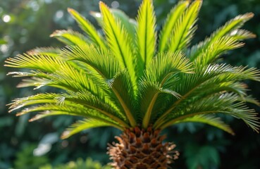 Close-up of a sago palm with vibrant green fronds back-lit by sunlight. This tropical plant has a textured brown trunk and appears healthy in a garden setting.