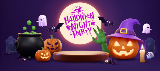 Fototapeta na wymiar Halloween Night Party Background With Glowing Halloween Pumpkin Jack O Lantern Wearing Witch Hat Zombie Hand Cauldron Ghosts Bats Tombstones And Full Moon For Halloween Poster Banner Template