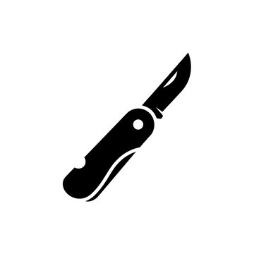 Pocket knife with a sharp blade ready for cutting and utility tasks black and white.