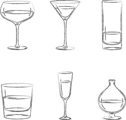 Assorted drinkware silhouettes coupe martini shot rocks flute and flask