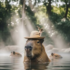 Close-up of a charming capybara wearing a hat and relaxing in a steamy hot spring, surrounded by nature's tranquility