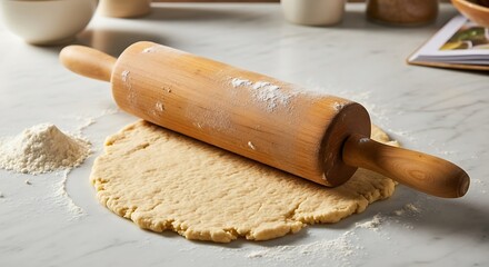 Wooden rolling pin on dough with flour on a kitchen counter.
