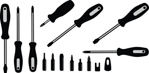 Vector Illustration of Screwdrivers and Bits, Flathead, Phillips, Torx, Hex Types, Black and White Hand Tool Icons, Mechanical Repair Equipment