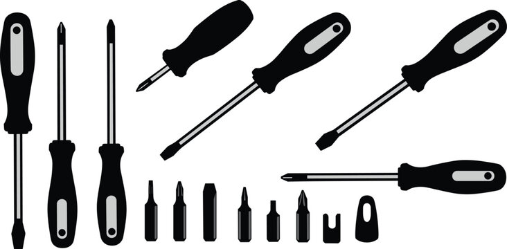 Vector Illustration of Screwdrivers and Bits, Flathead, Phillips, Torx, Hex Types, Black and White Hand Tool Icons, Mechanical Repair Equipment