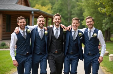 Groom, groomsmen walk together outside. Group wears suits with boutonnieres. Friends embrace, laugh, smile. Bridal party celebrates pre wedding. Wedding day party for happy positive elegant men with