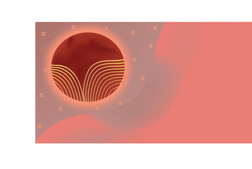 Abstract Coral Background with Red Moon and Golden Wave Lines