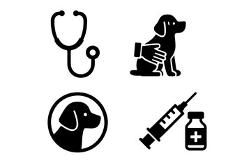 Veterinary clinic icons set with stethoscope, dog checkup, injection, vaccine bottle, pet care, animal health, medical tools, veterinary vector illustration