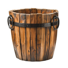 Obraz premium Rustic wooden bucket with iron details on a white background creating isolation