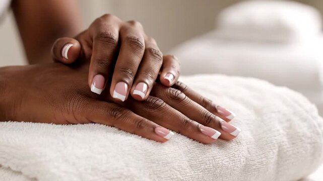 African American Woman Hands with French Manicure on White Towel Close Up Studio Shot for Beauty Advertisement or Spa Promotion Campaign Presenting a Clean and Minimalistic Aesthetic