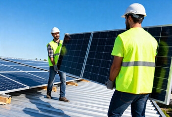 professional workers installing photovoltaic solar panels on a metal rooftop under clear skies. 