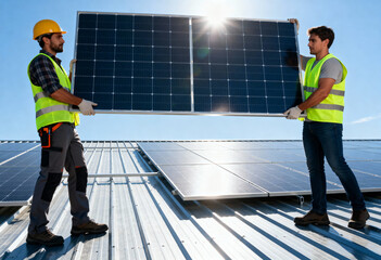 professional workers installing photovoltaic solar panels on a metal rooftop under clear skies. 