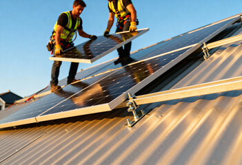 professional workers installing photovoltaic solar panels on a metal rooftop under clear skies. 