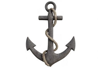 Gray metal anchor with natural rope on transparent background