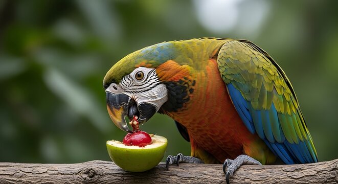 Vibrant Macaw Parrot Eating a Cherry on a Branch in a Lush Green Forest Setting