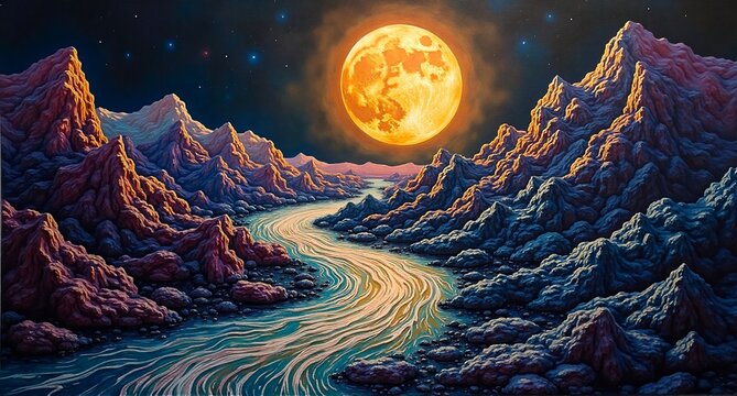 Majestic art depicts a surreal nocturnal landscape with a glowing full moon casting light over a winding river through colorful, rugged mountains.