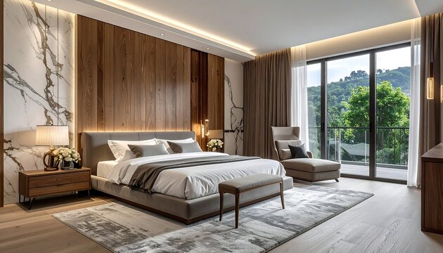 Luxurious bedroom with modern design and scenic views