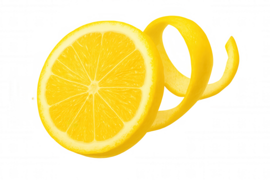 Lemon slice with spiraling peel, adding fresh citrus zest to drinks and recipes, transparent background