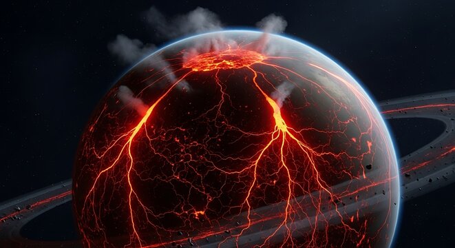 Volcanic Alien Planet with Lava Flows and Rings, Cosmic Volcanism and Space Exploration Concept