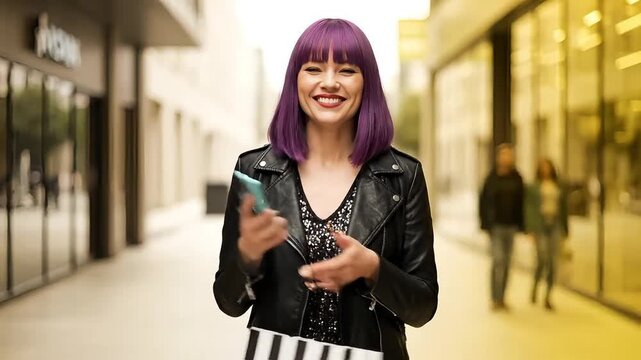 Stylish woman with vibrant purple hair enjoys a phone call while carrying shopping bags in a modern urban setting, capturing dynamic lifestyle moments.