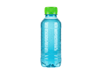 Isolated close-up of a refreshing blue-colored beverage in a plastic bottle with green cap