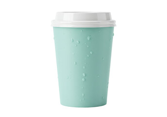 Isolated mint green coffee cup with lid and condensation droplets, minimalist beverage container